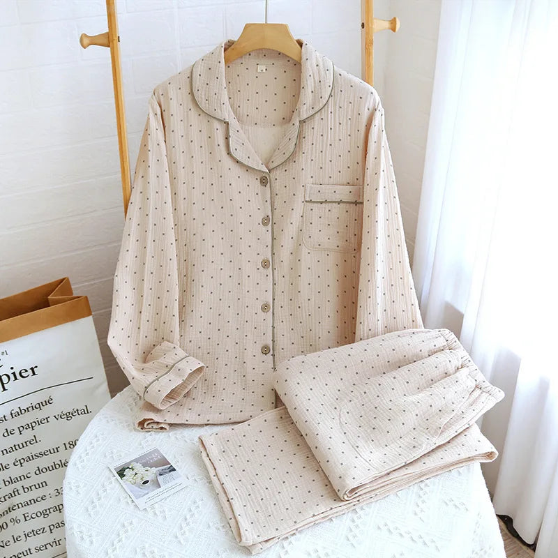 Textured Cotton-Gauze Long Pyjama Set with Fine Piping