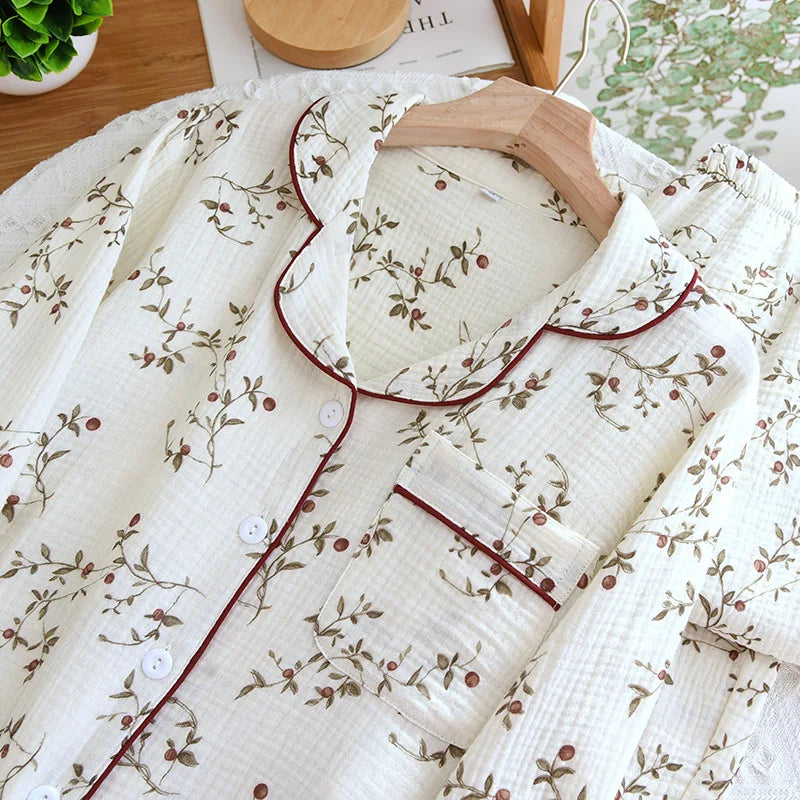 Premium Muslin Cotton Long Pyjama Set with Fine Piping