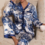 Satin-Finish Long-Sleeved Pyjama Set with Contrast Panelling