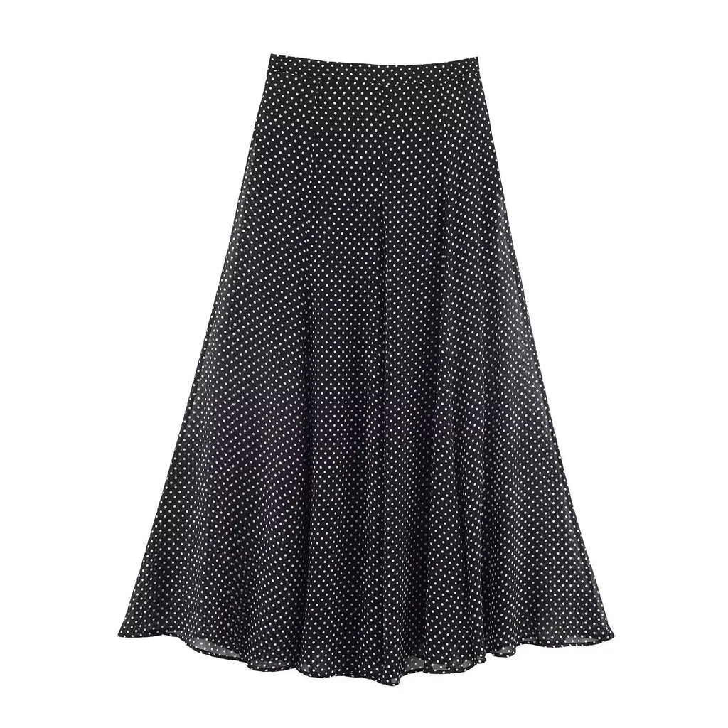 Polka-Dot High-Neck Blouse and A-Line Maxi Skirt Set