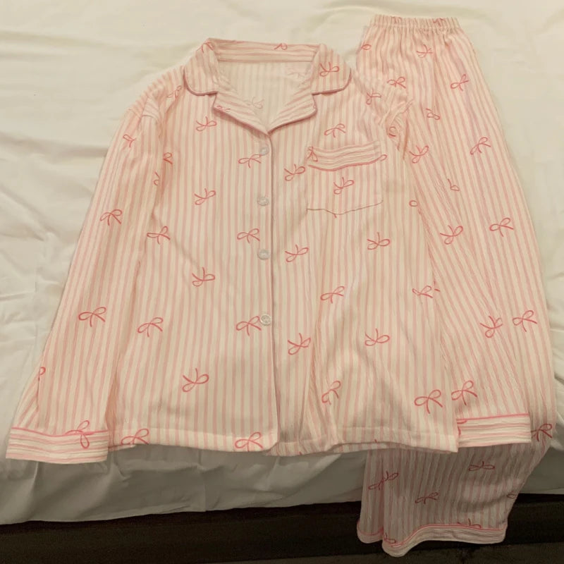 Tailored Knit Long Pyjama Set with Fine Piping