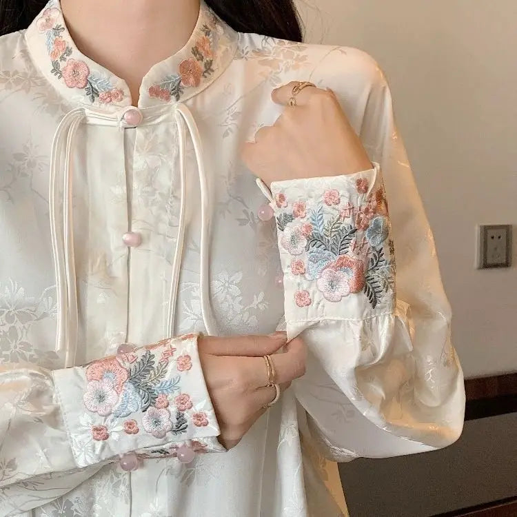 Chinoiserie Silk Blouse with Pink Floral Embroidery