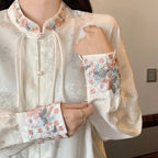 Chinoiserie Silk Blouse with Pink Floral Embroidery