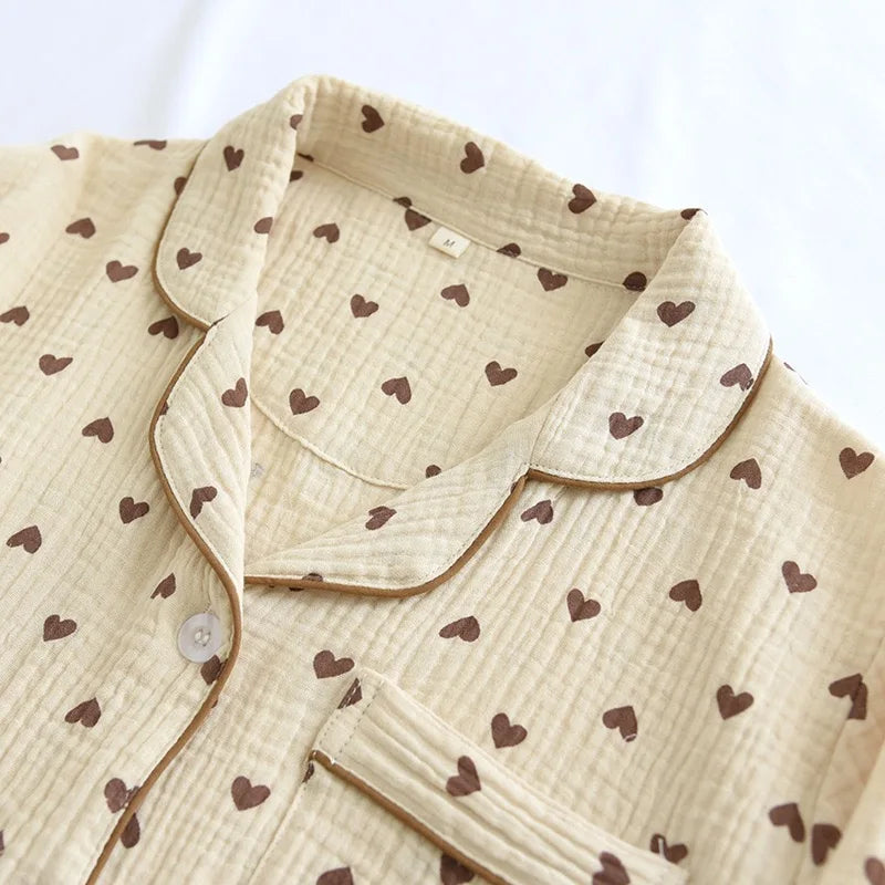 Textured Cotton-Gauze Long Pyjama Set with Fine Piping