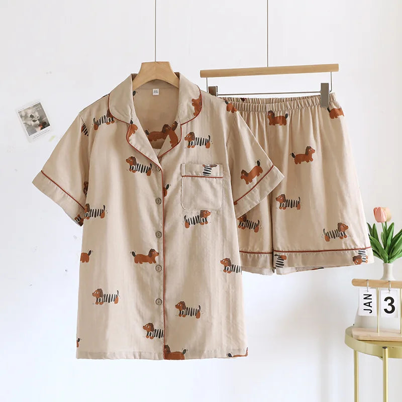Textured Cotton-Gauze Short Pyjama Set with Fine Piping