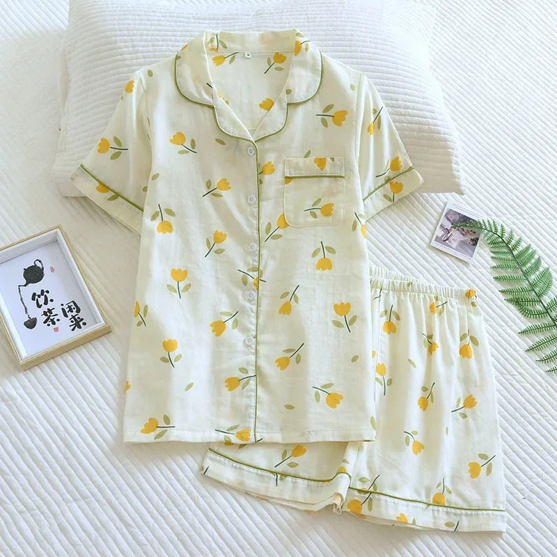 Textured Cotton-Gauze Short Pyjama Set with Fine Piping