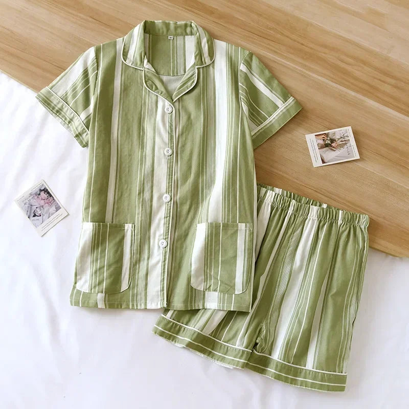 Textured Cotton-Gauze Short Pyjama Set with Fine Piping