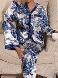 Satin-Finish Long-Sleeved Pyjama Set with Contrast Panelling