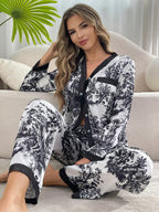Satin-Finish Long-Sleeved Pyjama Set with Contrast Panelling