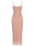 Corset-Detail Cami Midi Dress in Structured Floral Lace