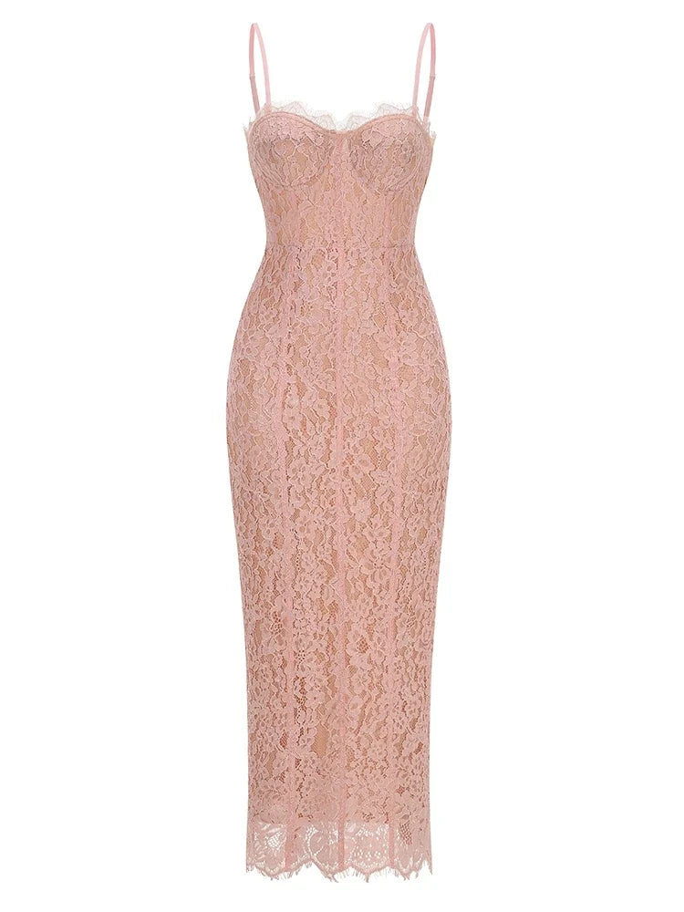 Corset-Detail Cami Midi Dress in Structured Floral Lace