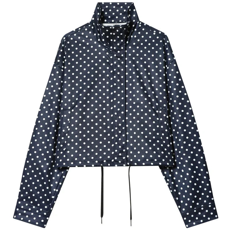 High-Neck Cropped Bomber Jacket with Adjustable Drawstring