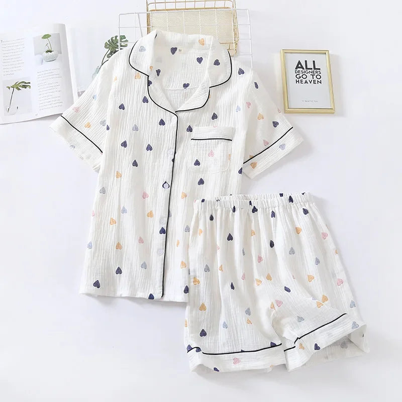 Crêpe-Textured Short Pyjama Set with Contrast Piping