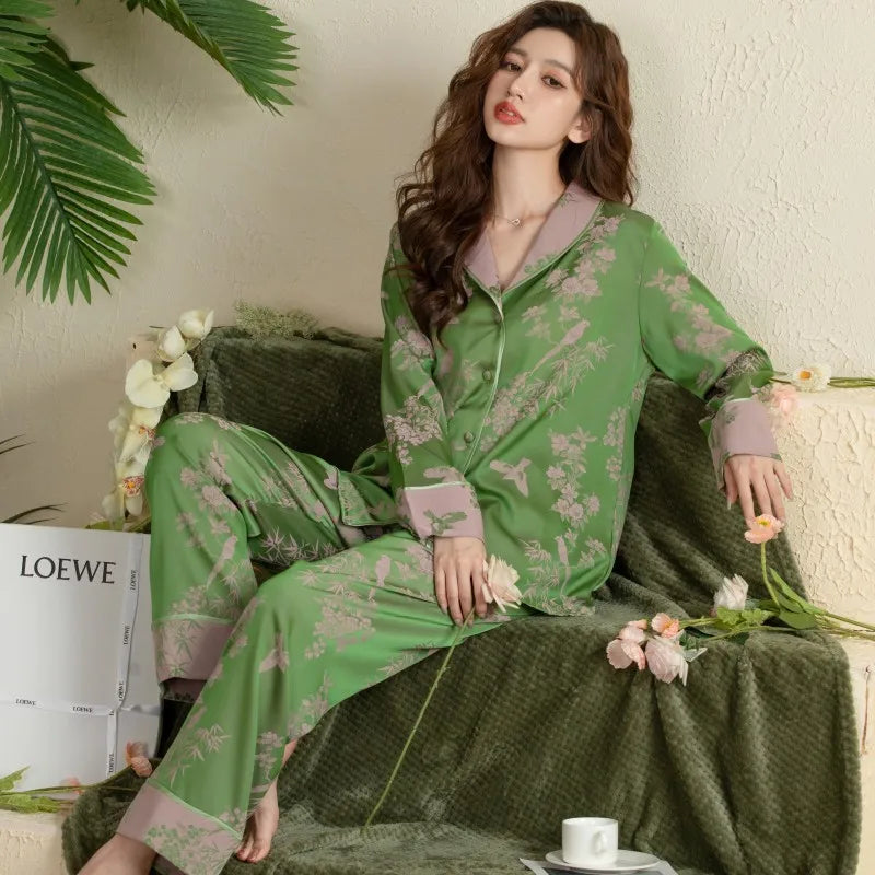 Satin-Finish Long-Sleeved Pyjama Set with Contrast Panelling