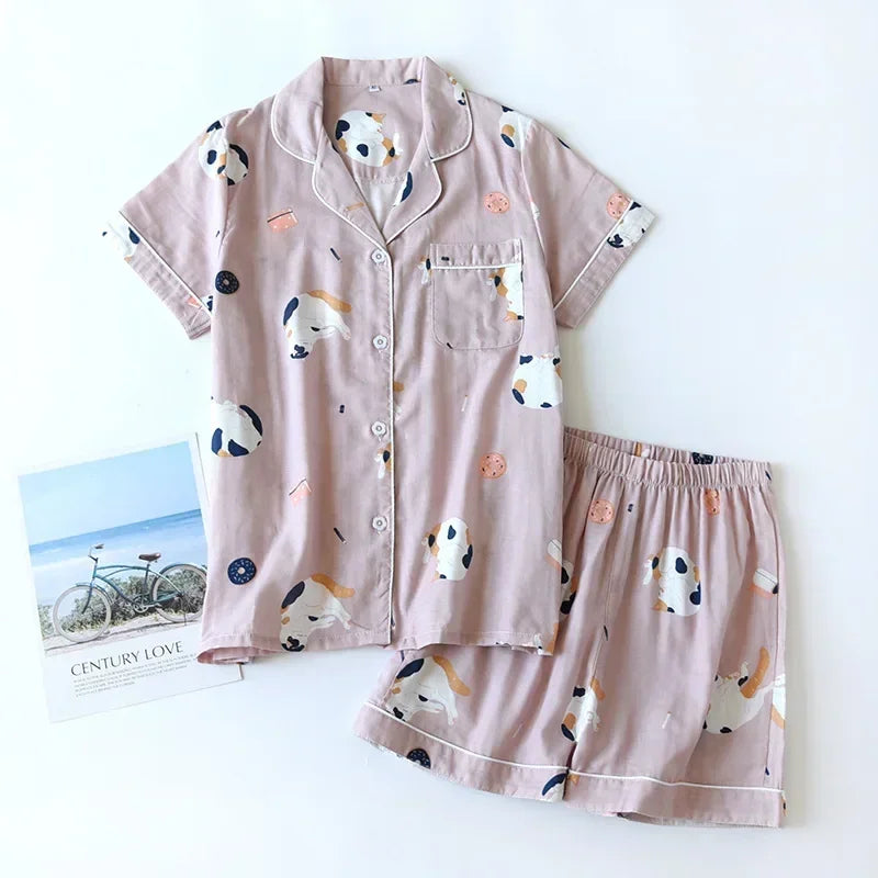 Textured Cotton-Gauze Short Pyjama Set with Fine Piping