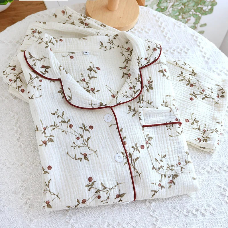 Premium Muslin Cotton Long Pyjama Set with Fine Piping