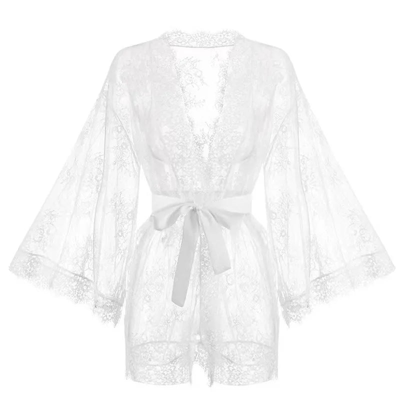 Eyelash Lace Dressing Gown with Satin Sash