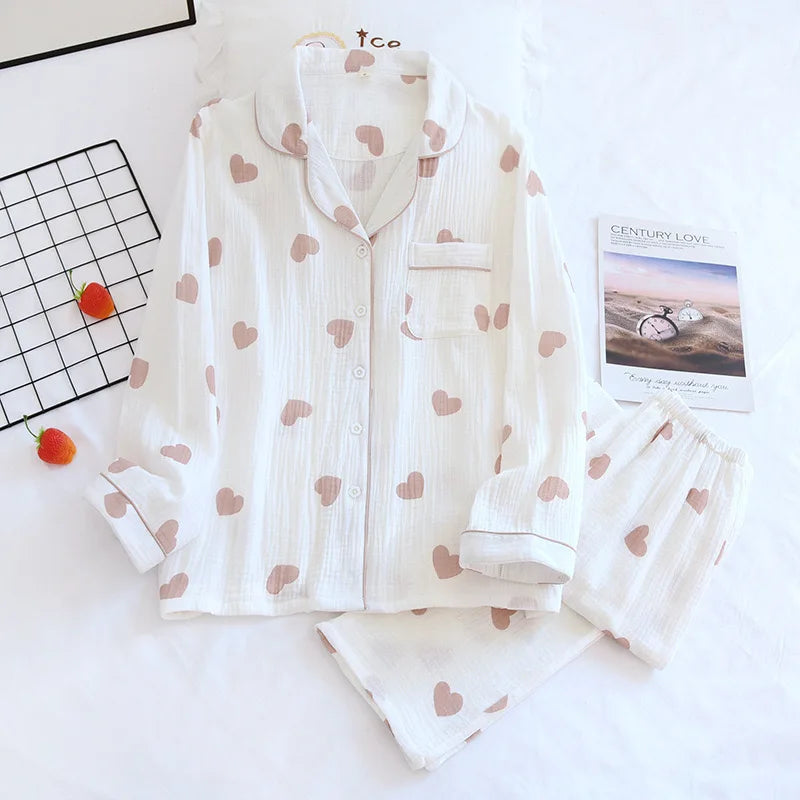 Textured Cotton-Gauze Long Pyjama Set with Fine Piping