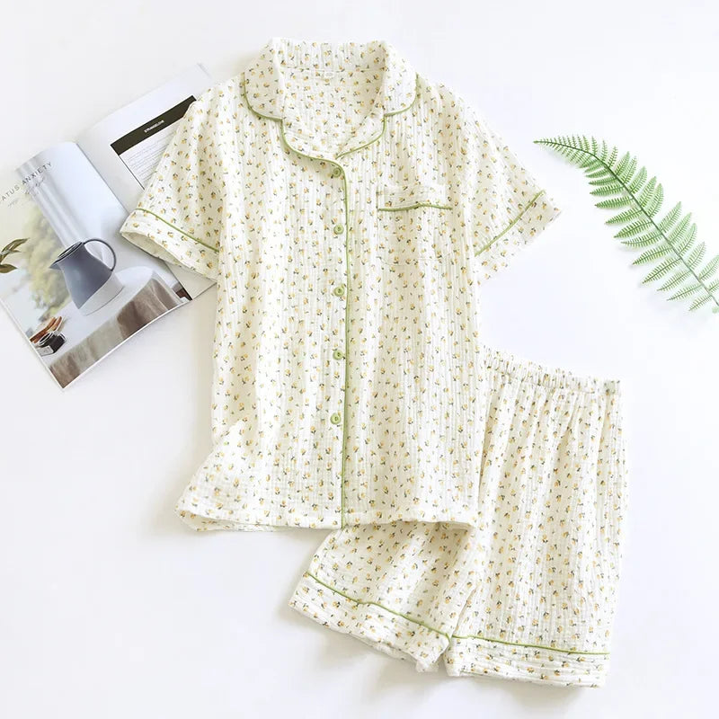 Crêpe-Textured Short Pyjama Set with Contrast Piping