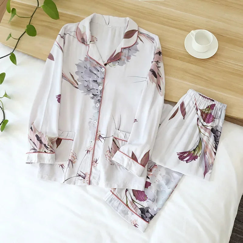 Satin-Finish Long Pyjama Set with Fine Piping