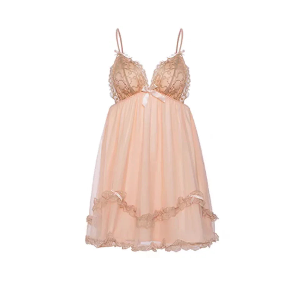 Sheer Mesh and Lace Chemise with Ruffled Tiered Hem(ok)