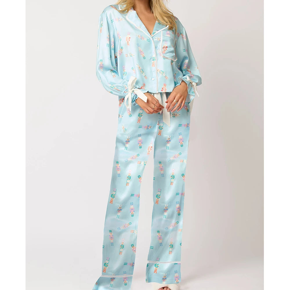 Satin-Finish Tailored Pyjama Set with Flounced Cuffs