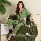 Satin-Finish Long-Sleeved Pyjama Set with Contrast Panelling
