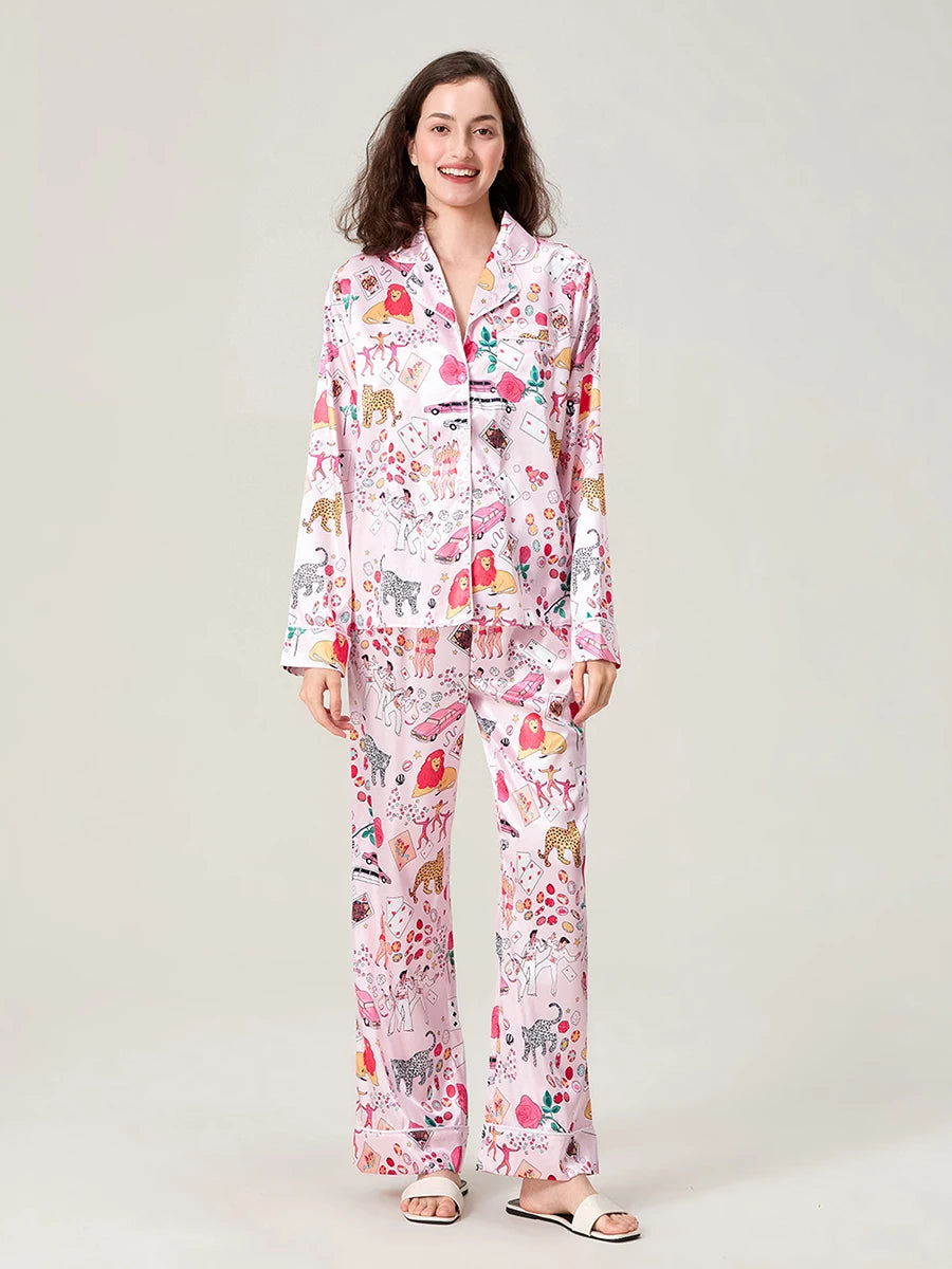 Satin-Finish Long-Sleeved Pyjama Set with Tailored Piping
