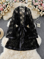 Sheer Lace Dressing Gown with Satin Borders