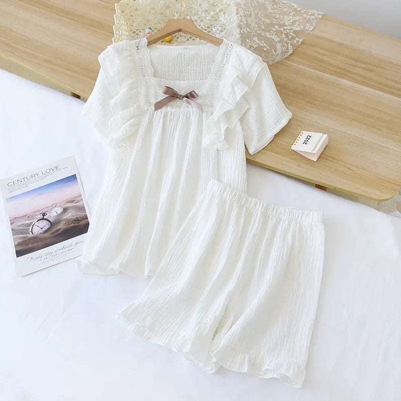 Textured Cotton-Gauze Pyjama Set with Lace Trim and Ruffled Edges(ok)