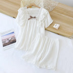 Textured Cotton-Gauze Pyjama Set with Lace Trim and Ruffled Edges(ok)
