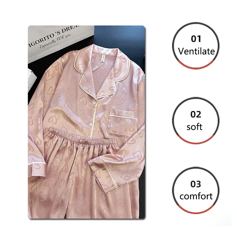 Satin-Finish Long-Sleeved Pyjama Set with Fine Piping
