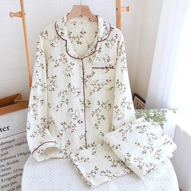 Premium Muslin Cotton Long Pyjama Set with Fine Piping