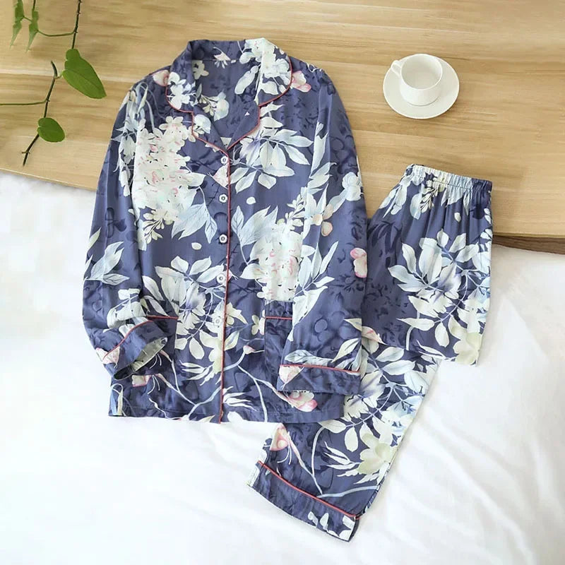 Satin-Finish Long Pyjama Set with Fine Piping