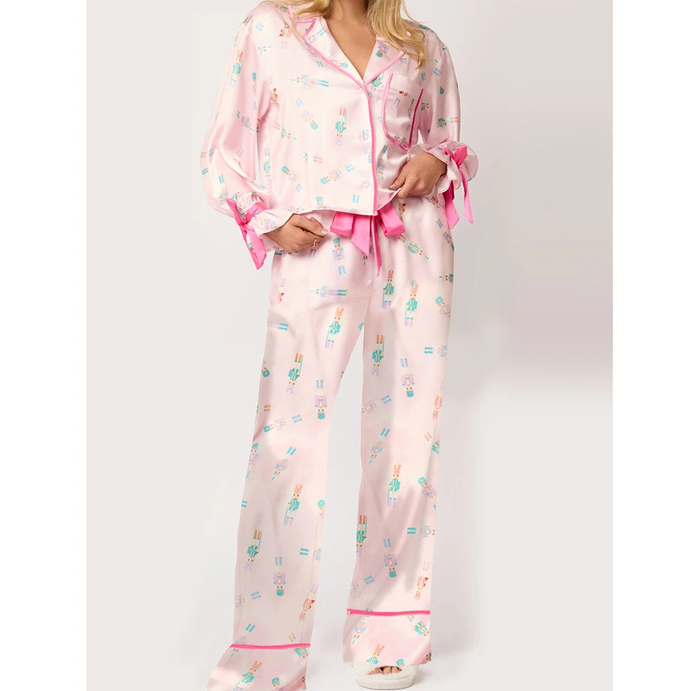 Satin-Finish Tailored Pyjama Set with Flounced Cuffs
