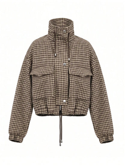 Houndstooth High-Neck Cropped Jacket