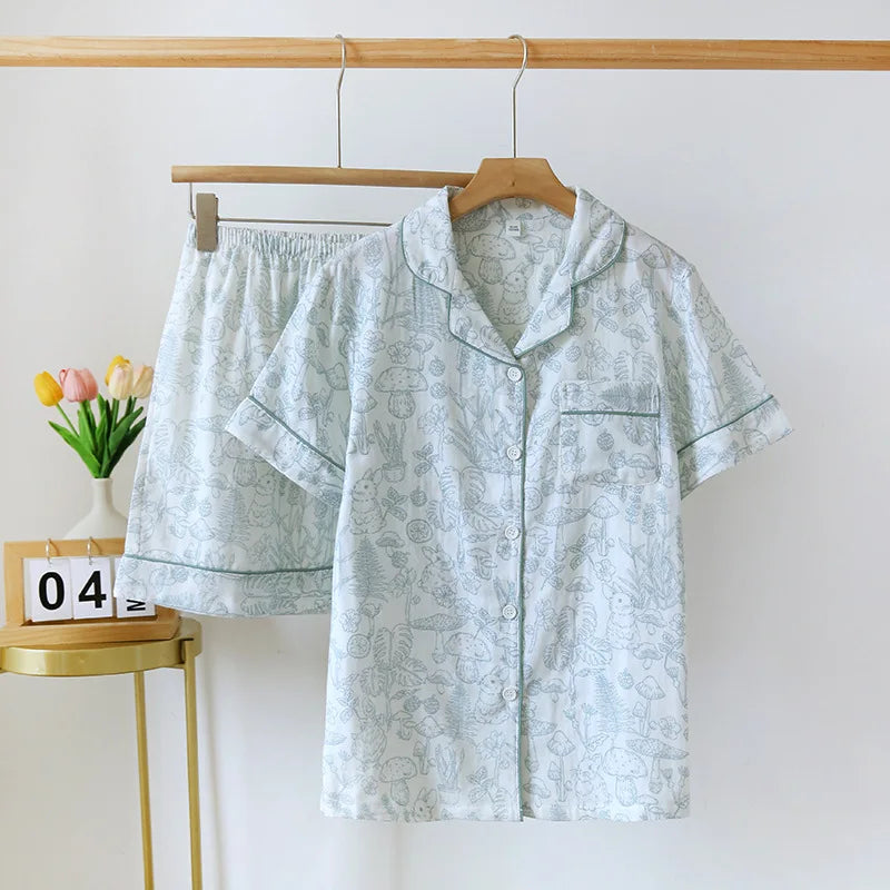 Textured Cotton-Gauze Short Pyjama Set with Fine Piping
