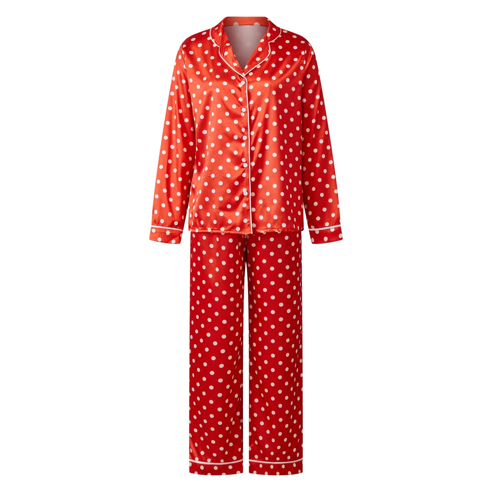 Satin-Finish Long Pyjama Set with Structured Piping