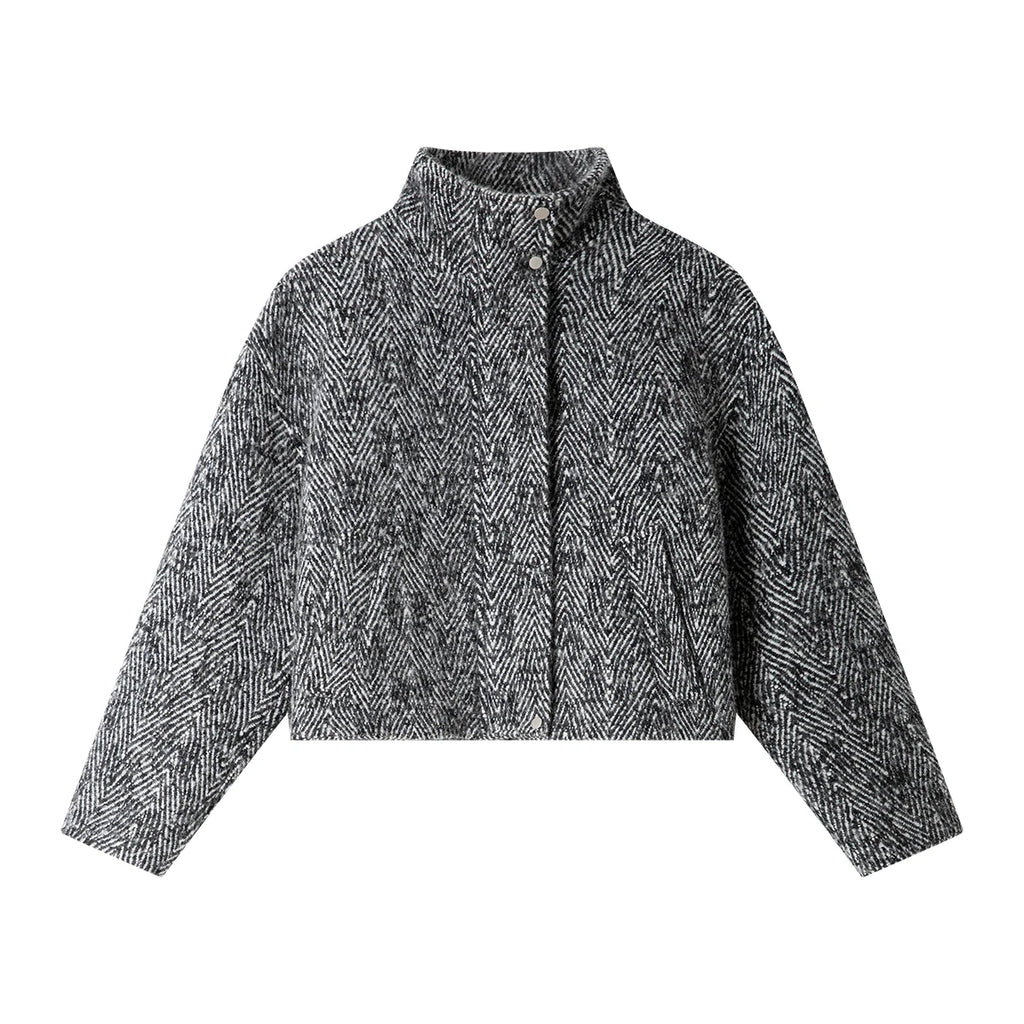 Herringbone Textured Bomber Jacket with High Neck