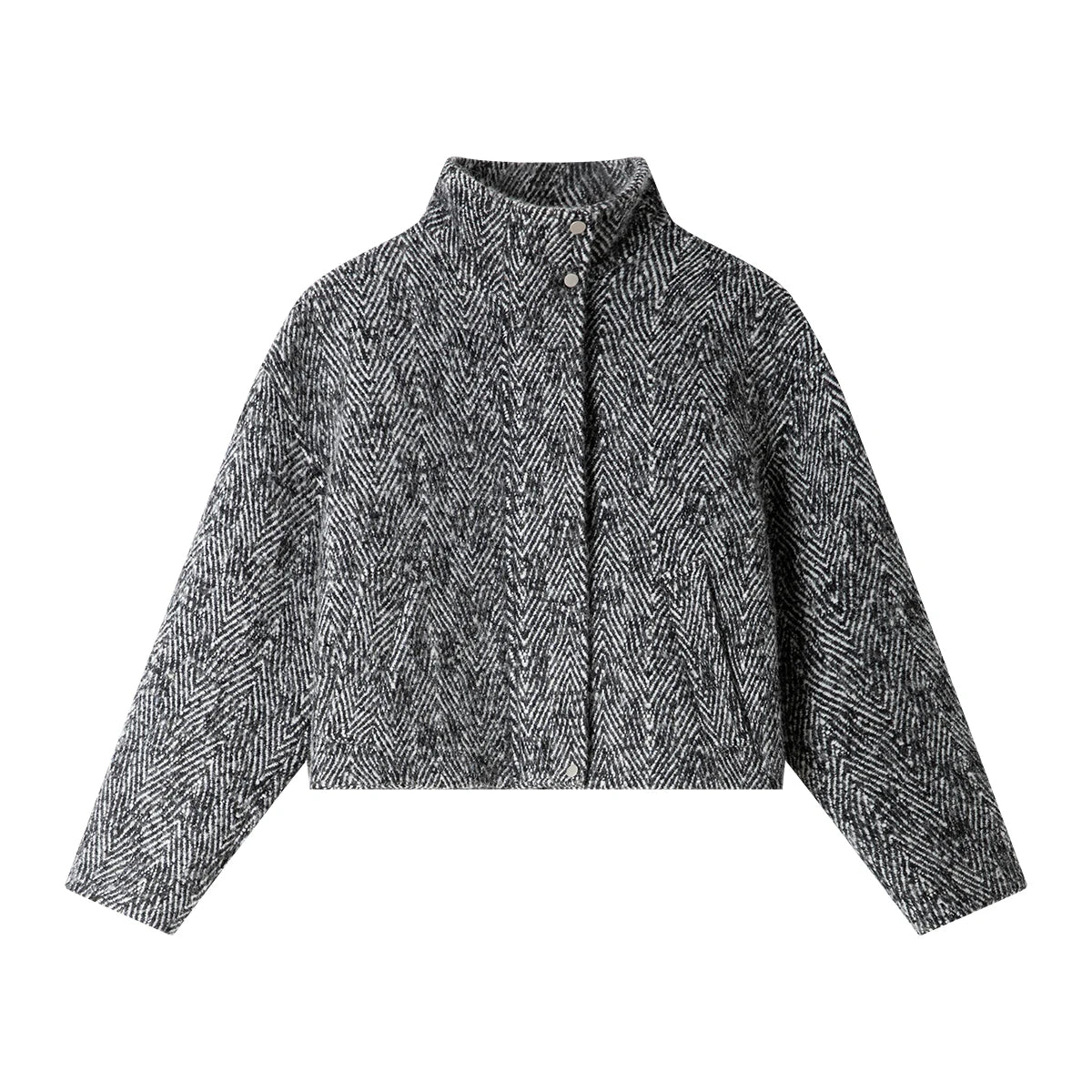 Herringbone Textured Bomber Jacket with High Neck