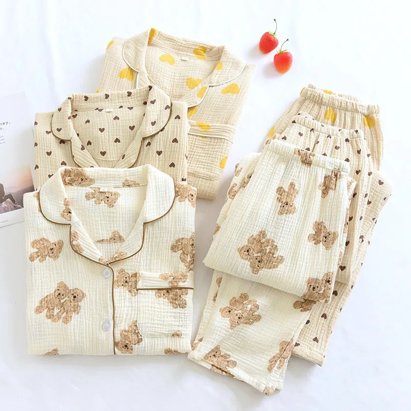 Textured Cotton-Gauze Long Pyjama Set with Fine Piping