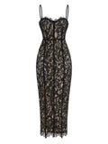 Corset-Detail Cami Midi Dress in Structured Floral Lace