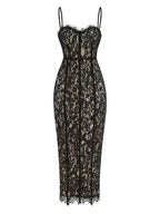 Corset-Detail Cami Midi Dress in Structured Floral Lace