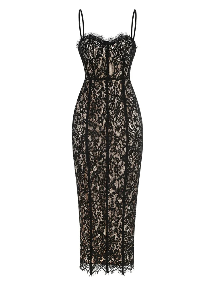 Corset-Detail Cami Midi Dress in Structured Floral Lace
