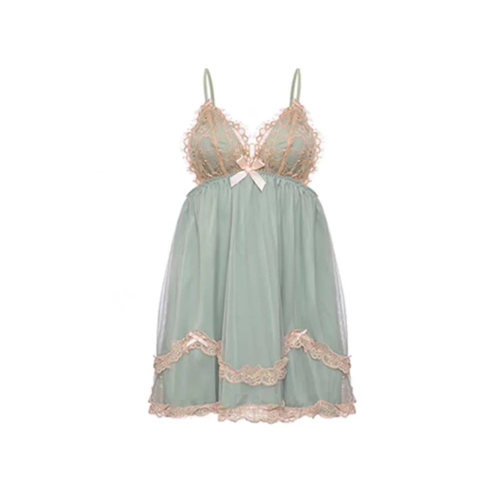 Sheer Mesh and Lace Chemise with Ruffled Tiered Hem(ok)