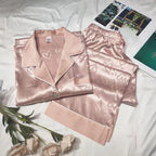 Satin-Finish Long-Sleeved Pyjama Set with Fine Piping