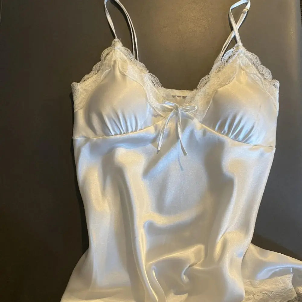 Satin-Finish Chemise with Scalloped Lace Trim