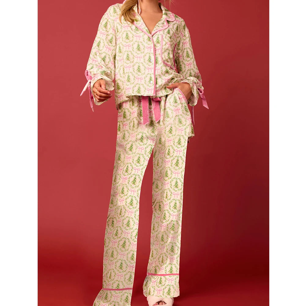 Satin-Finish Tailored Pyjama Set with Flounced Cuffs