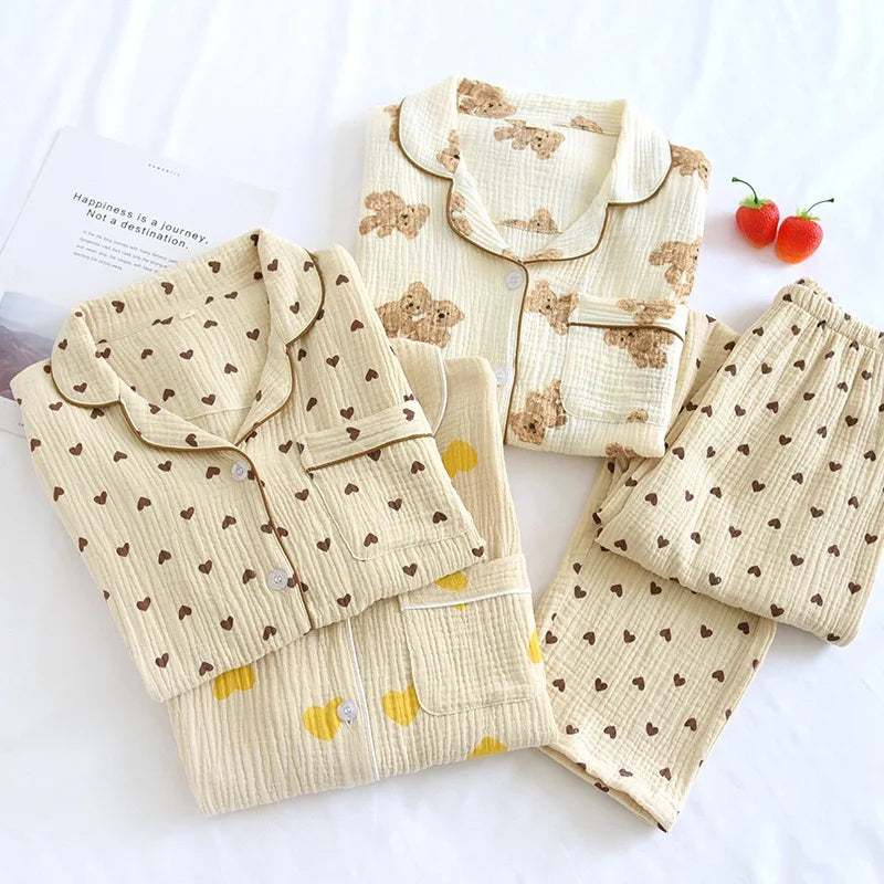 Textured Cotton-Gauze Long Pyjama Set with Fine Piping