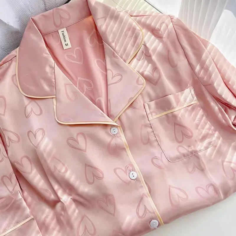 Satin-Finish Long-Sleeved Pyjama Set with Fine Piping